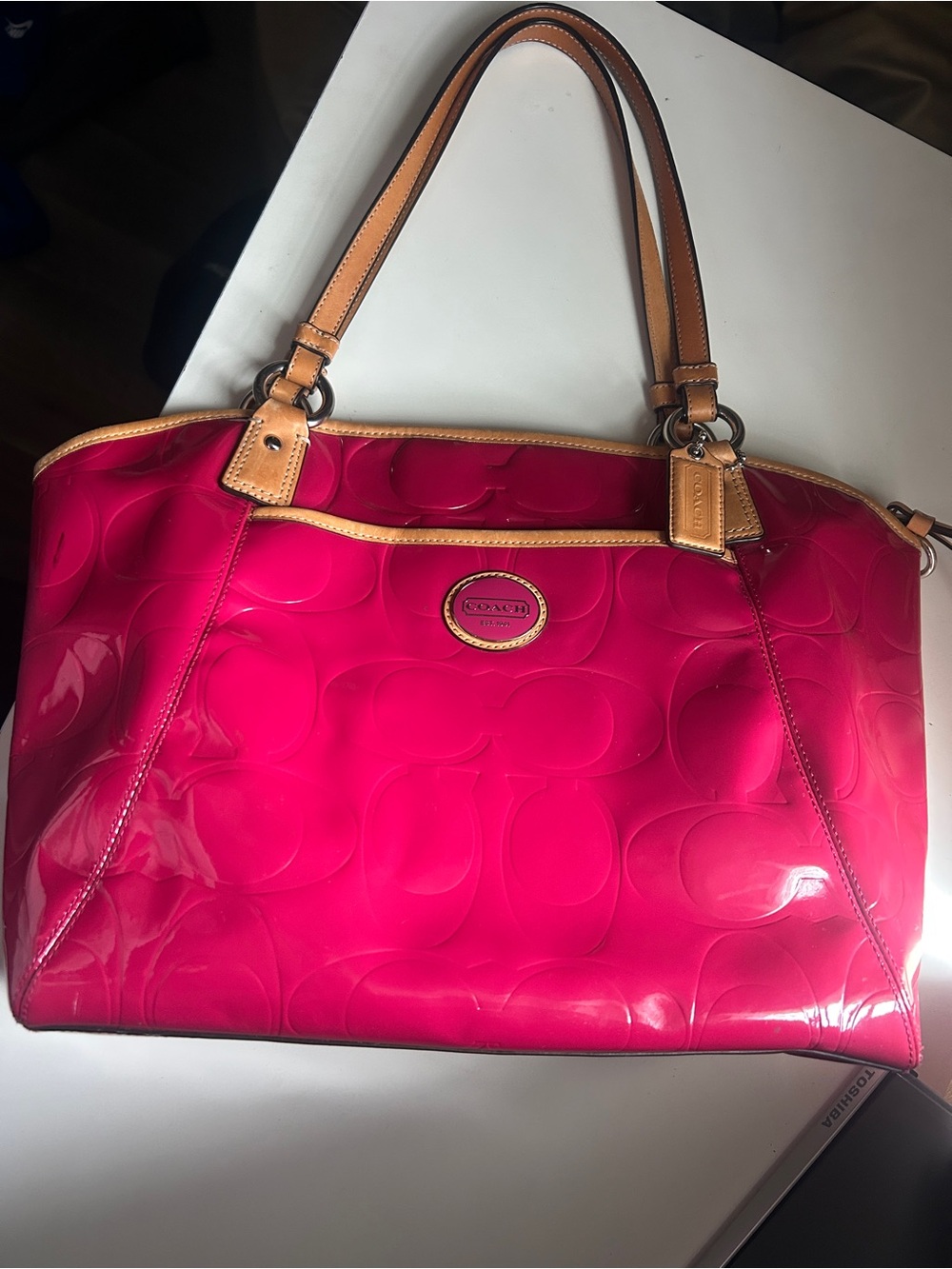 Coach Hot Pink Patent Tote with Tan Leather Handles